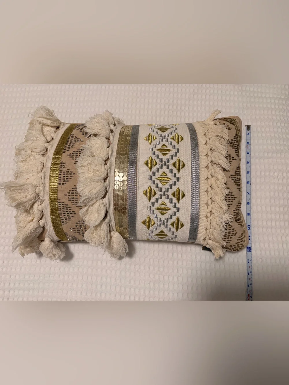 Boho Tassel Accent Pillow in Cream and Gold